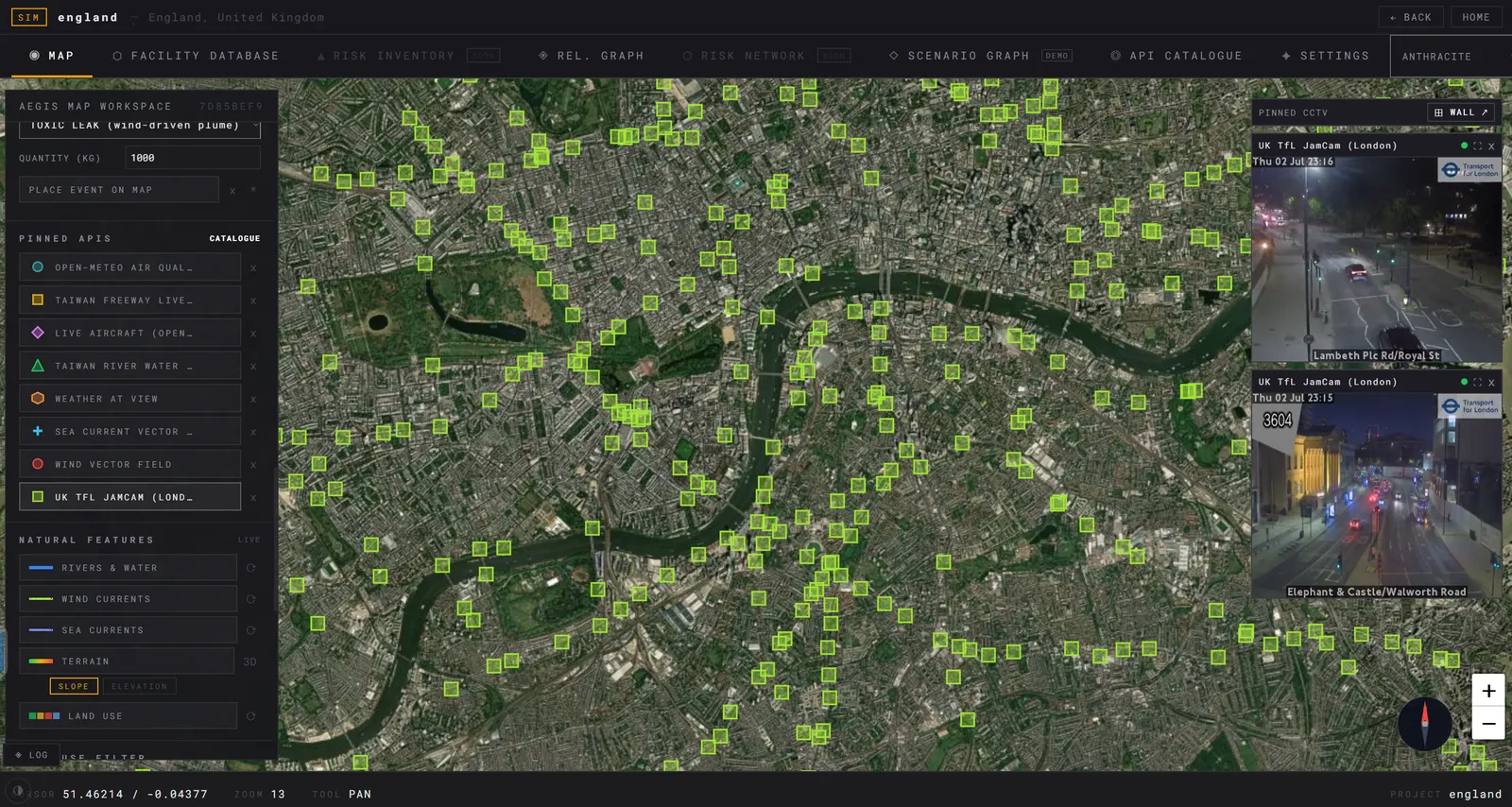 Aegis map workspace over London: hundreds of live traffic-camera markers on a satellite basemap, a pinned-APIs panel listing air quality, weather, river and aircraft feeds, and two live CCTV views pinned on the right.